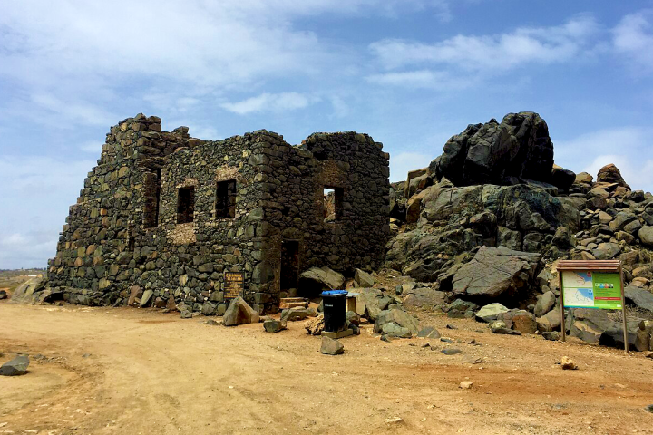 Ruins of a stone building and large rocks under a blue sky.