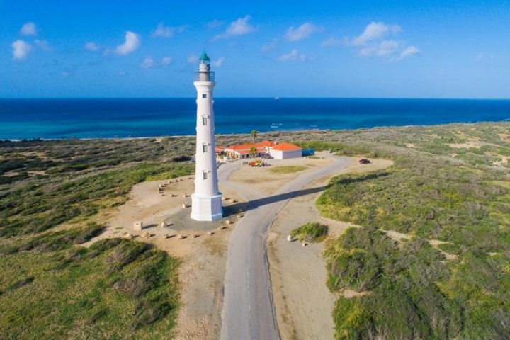 Tall white lighthouse near the sea, with surrounding greenery and a clear blue sky.